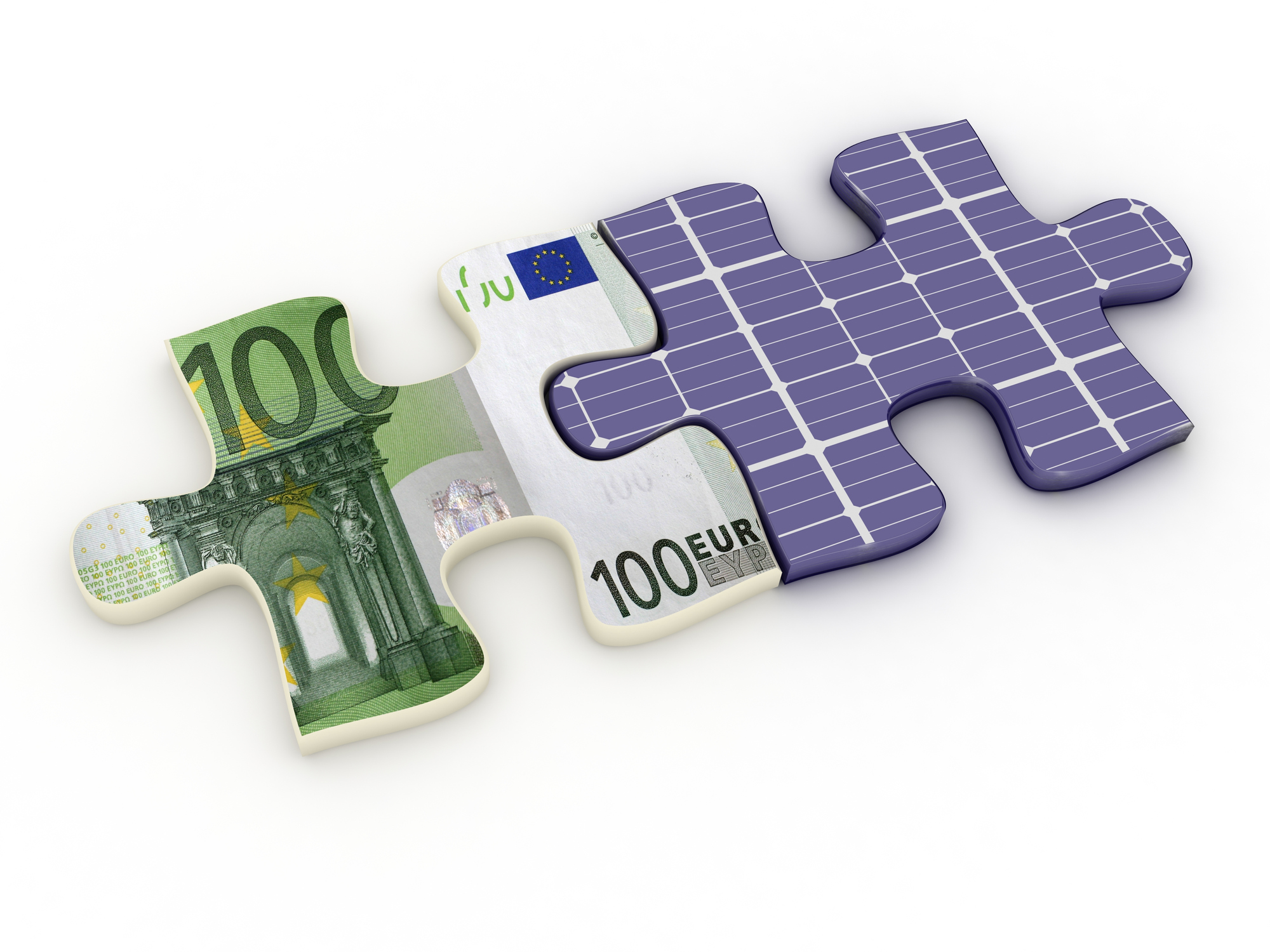Cash and solar panels fitting together like pieces of a puzzle