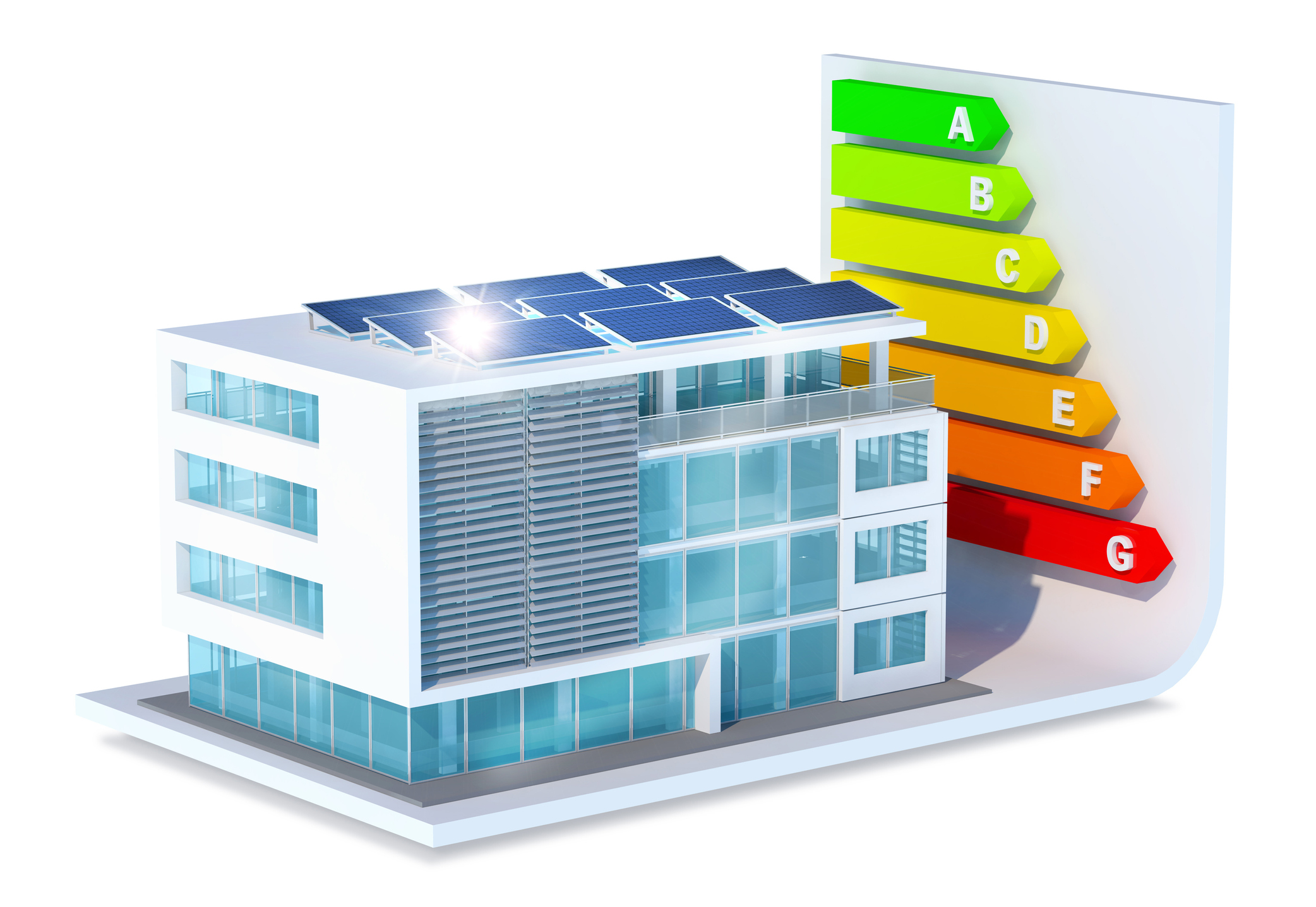 Infographic showing solar panels on a corporate rooftop and energy ratings