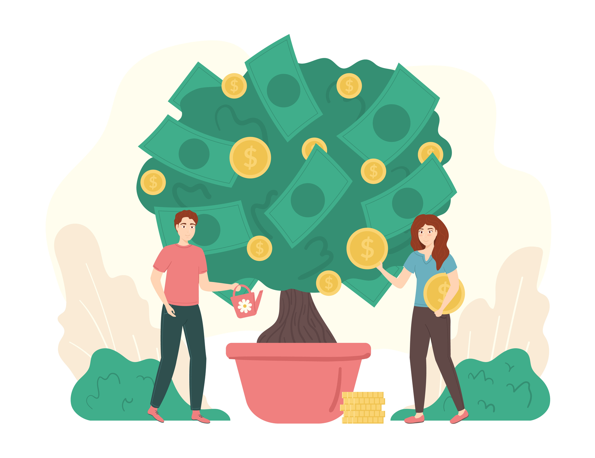 Man and woman watering a money tree with leaves made of cash and fruit made of money