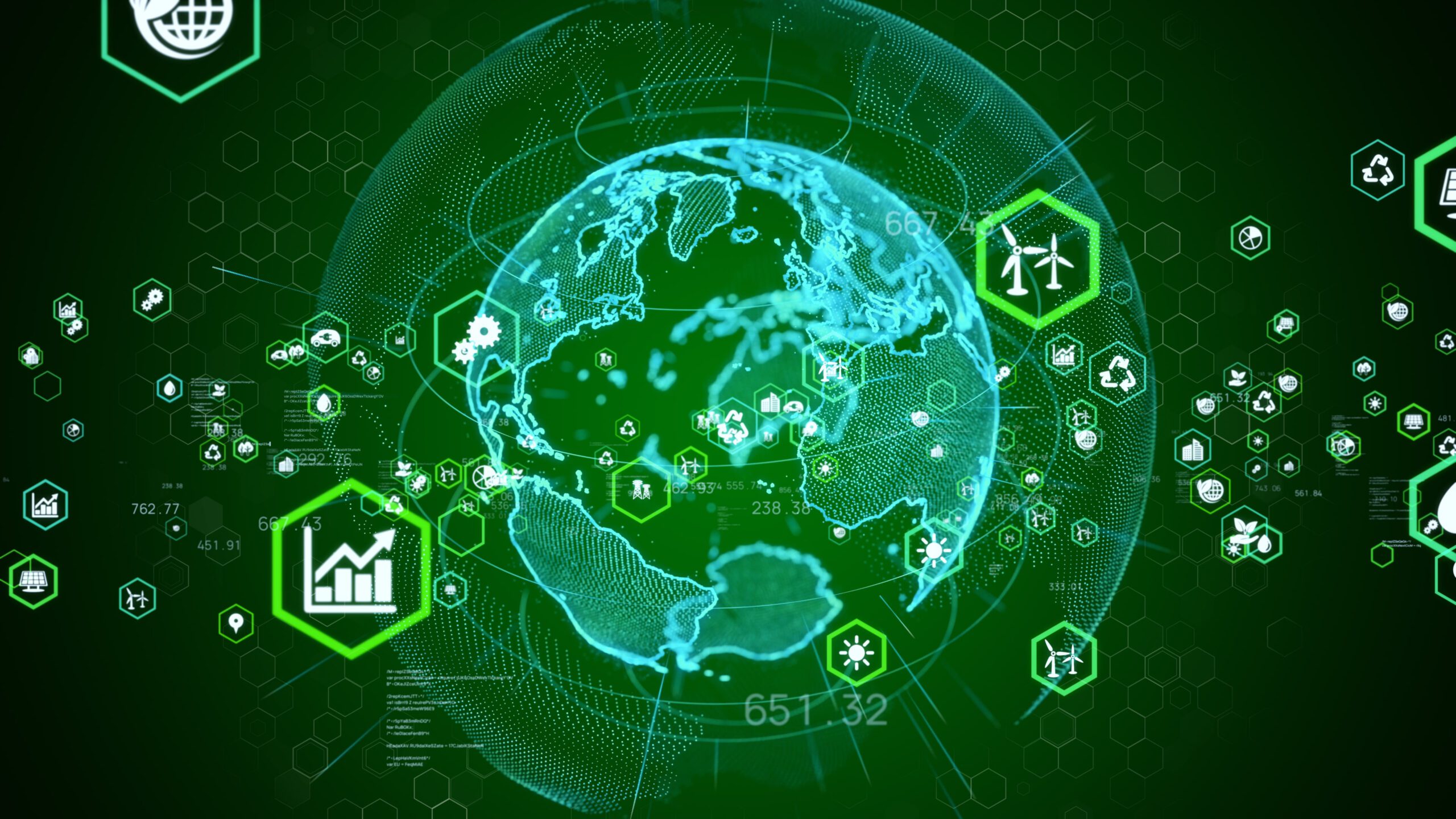 Green graphic of the world with renewable energy icons