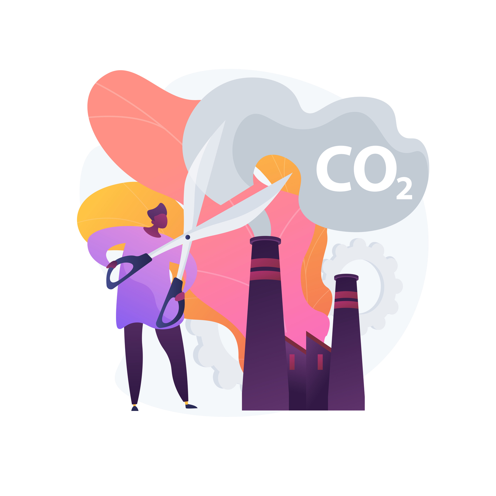 Infographic of a person cutting Co2 emissions with scissors.