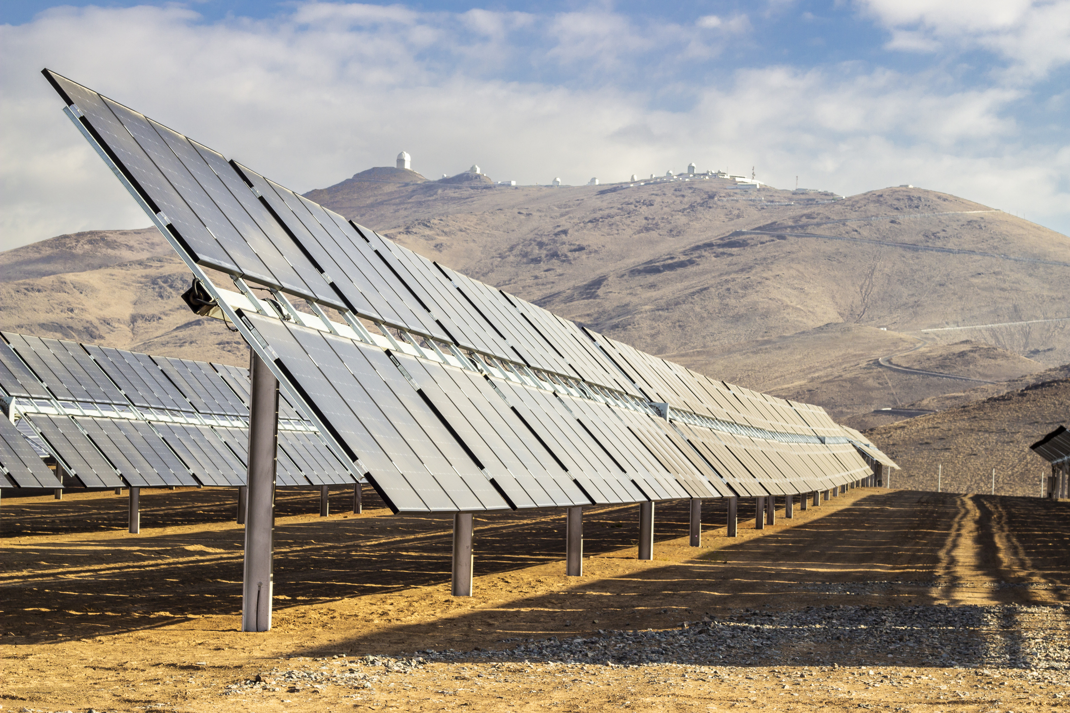 A double bifacial solar module array in the mountains