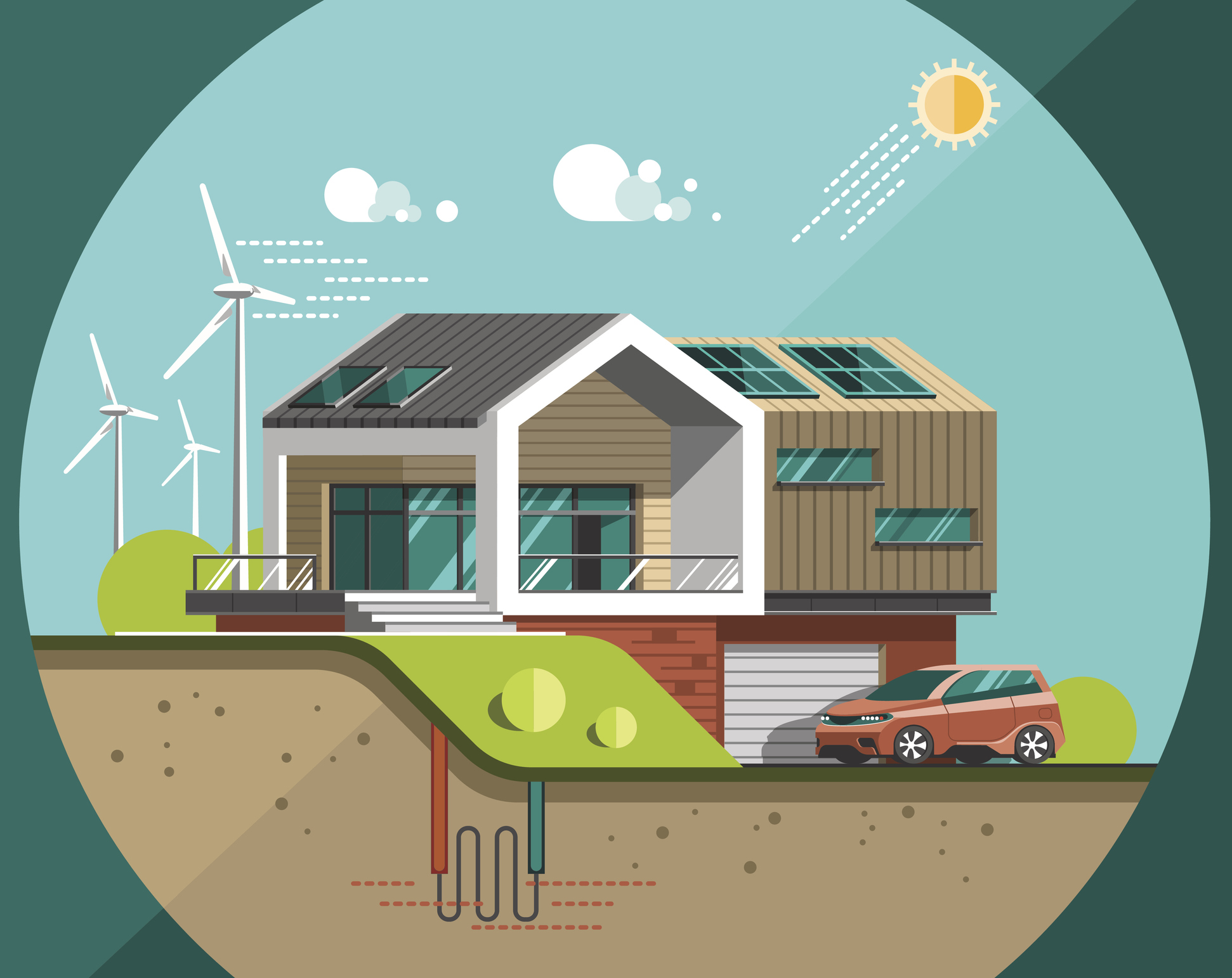 Infographic depicting a home powered by solar energy and other renewable sources