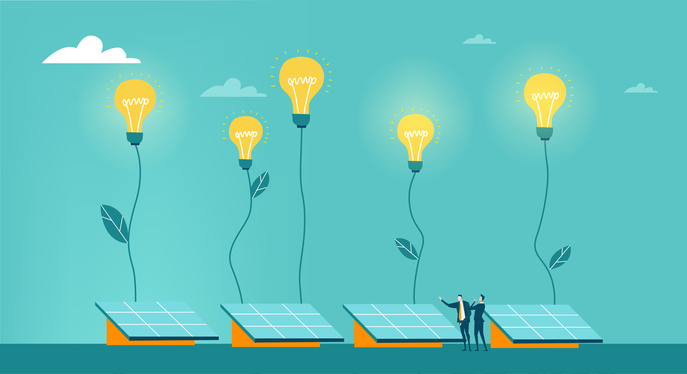 Two investors standing beside solar panels powering light bulbs representing five top market trends.