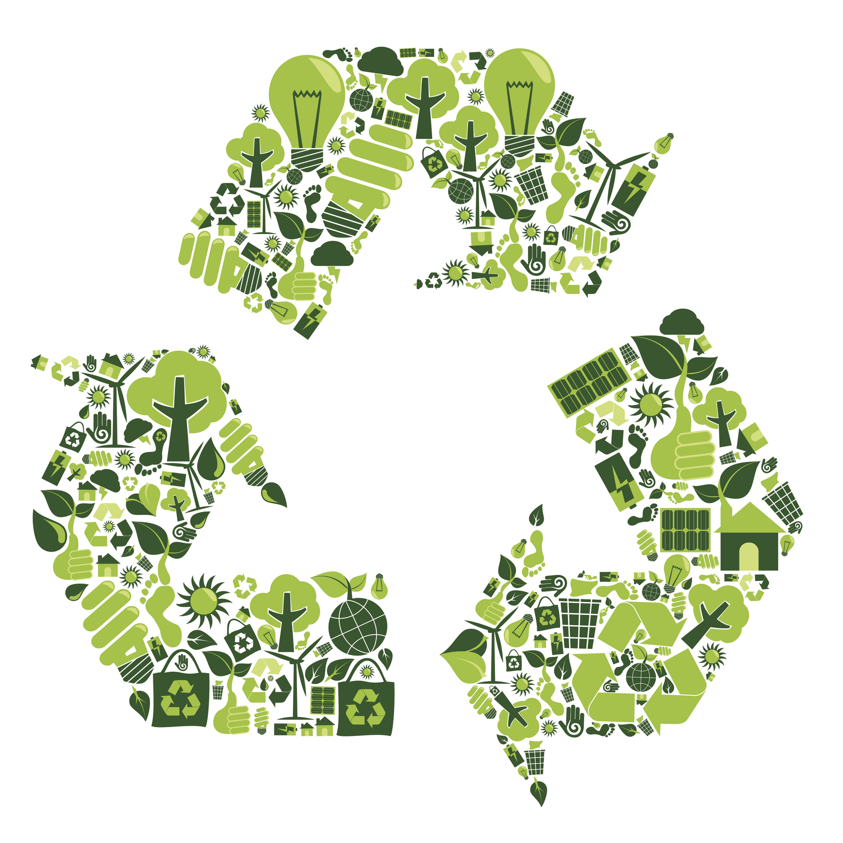 Green recycling symbol made of icons representing sustainability.