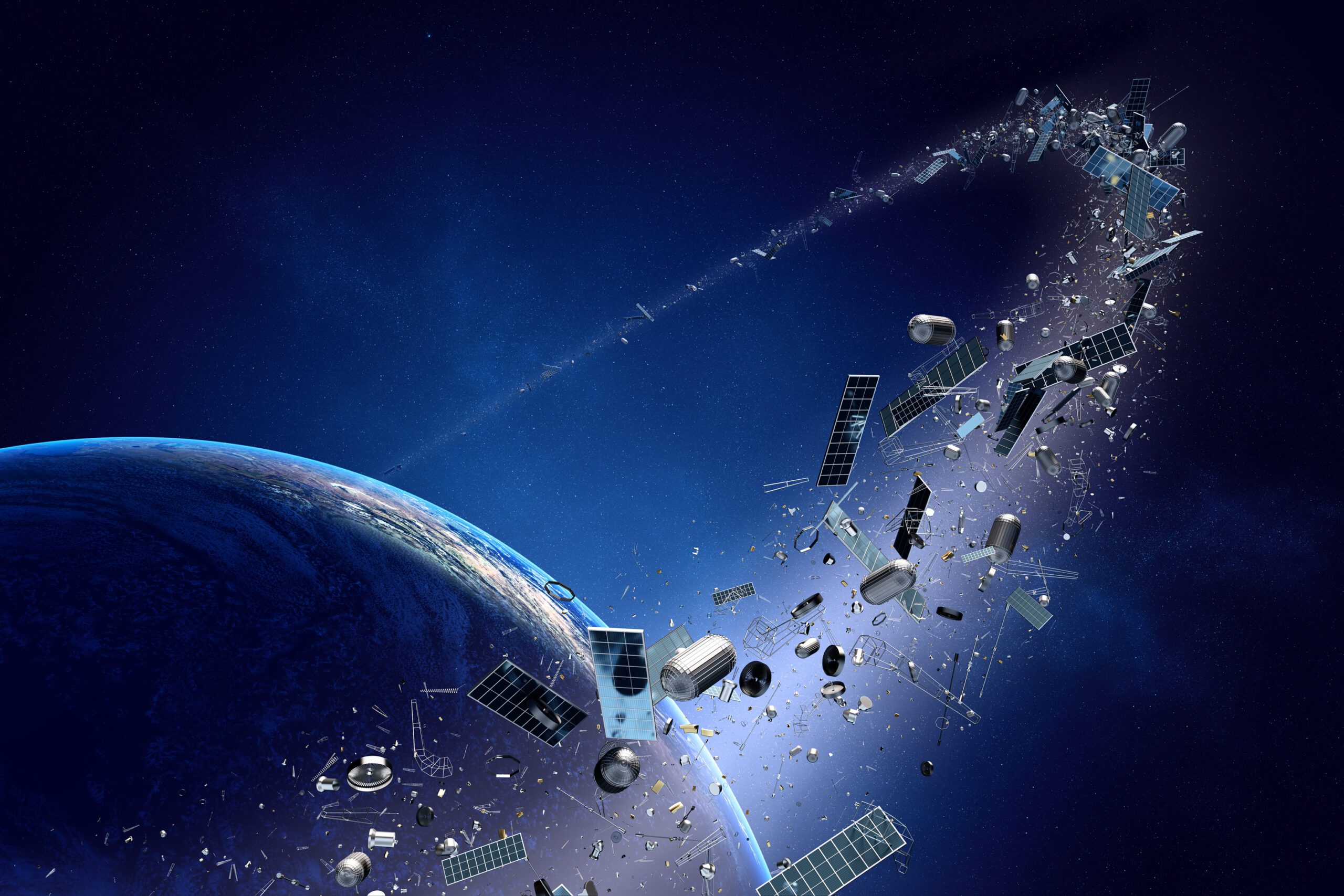 A concept image of space debris flying around Earth.