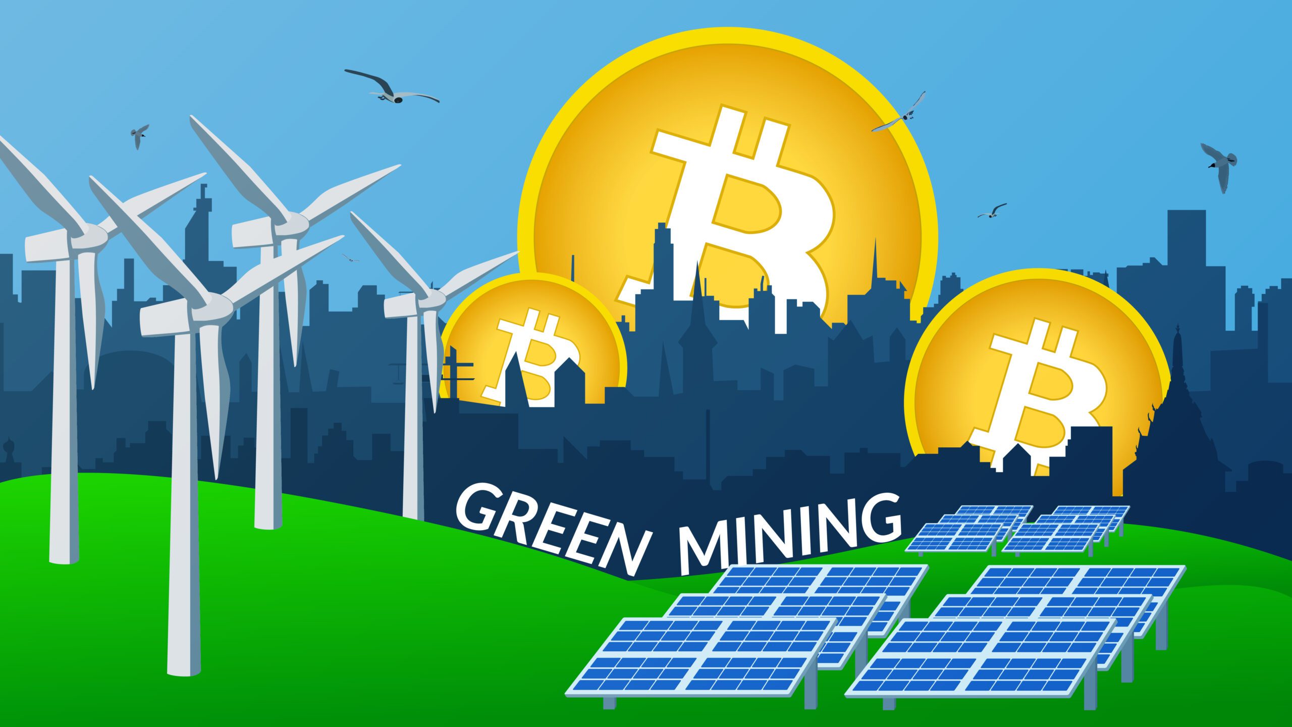 An infographic displaying solar panels and wind turbines as an option to power Bitcoin mining.