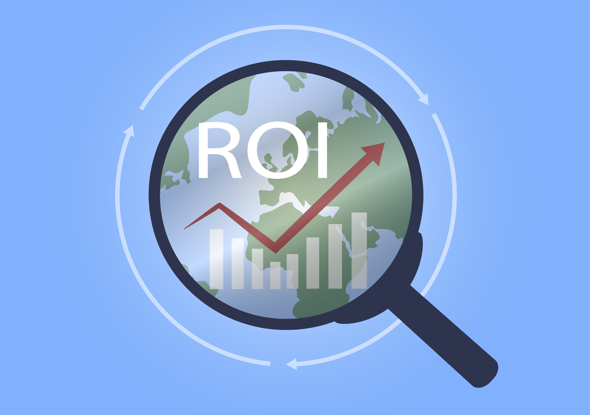 Magnifying glass over the planet with the letters “ROI” and graph over it.