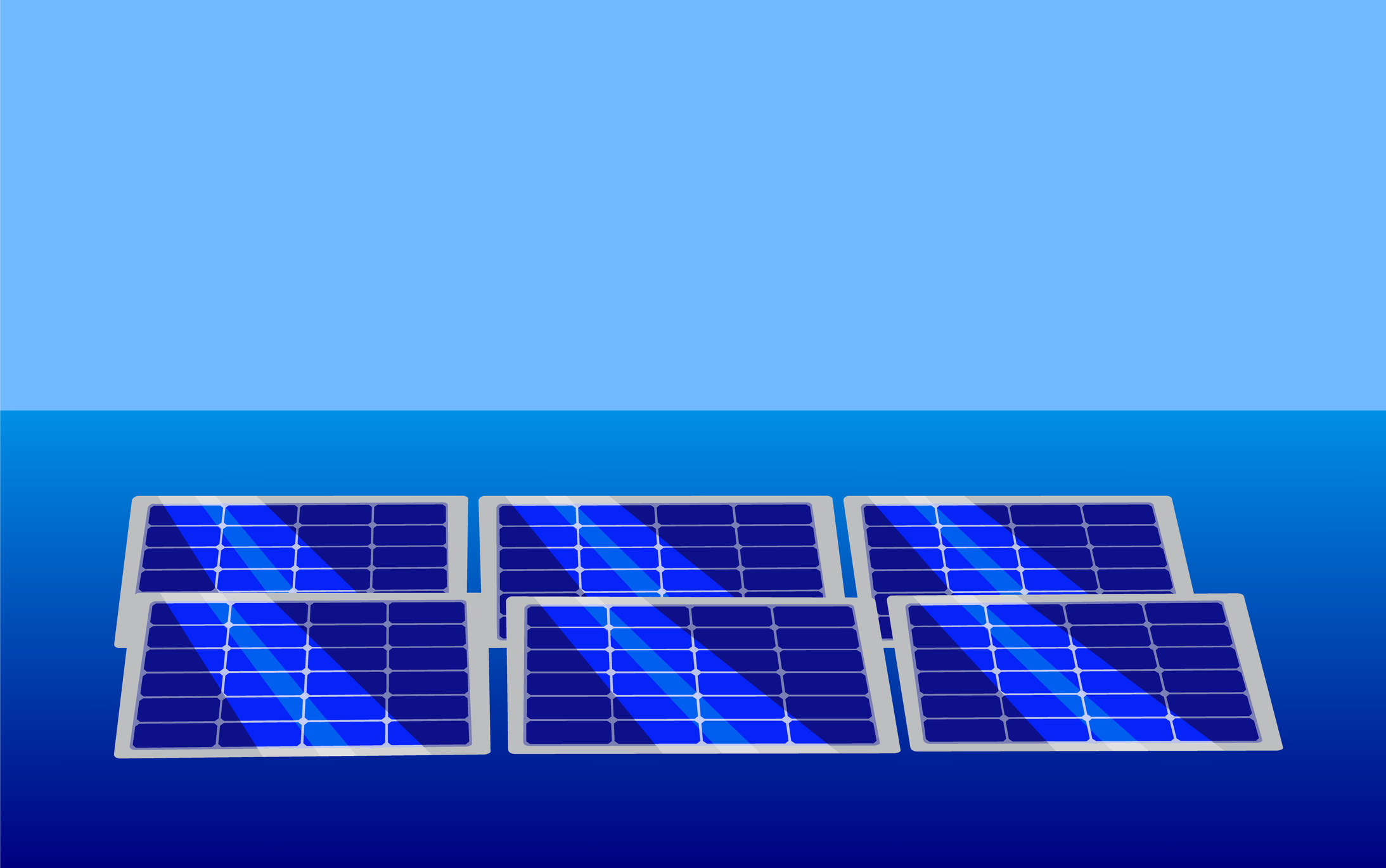 Graphic of solar PV panels floating on a body of water.