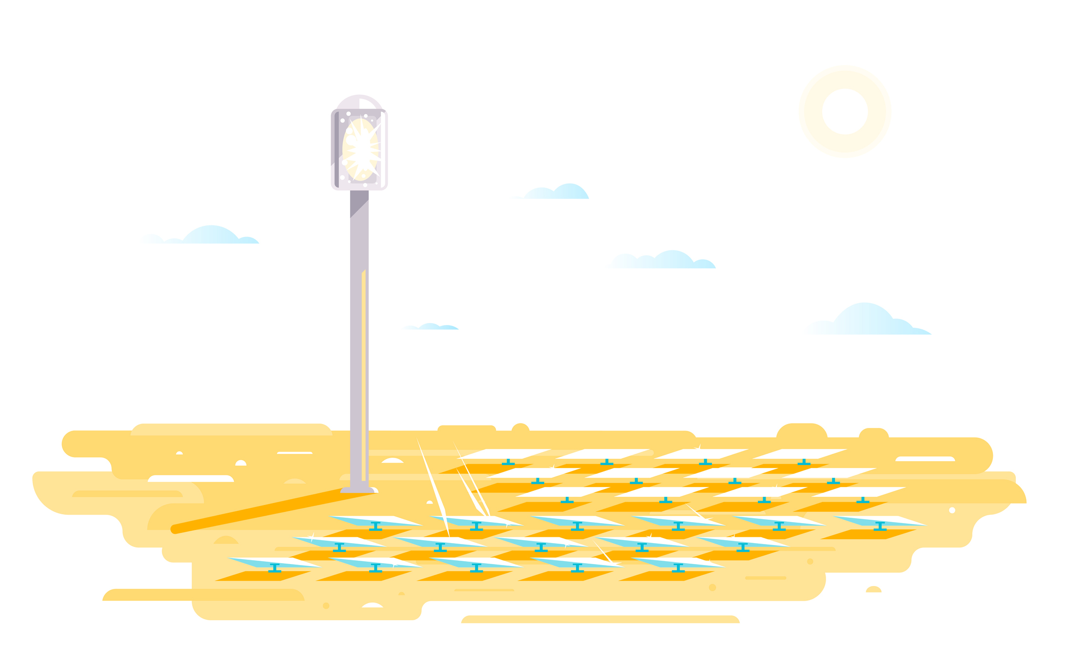 An illustration of a heliostat with lots of flat sun-tracking mirrors in a desert.