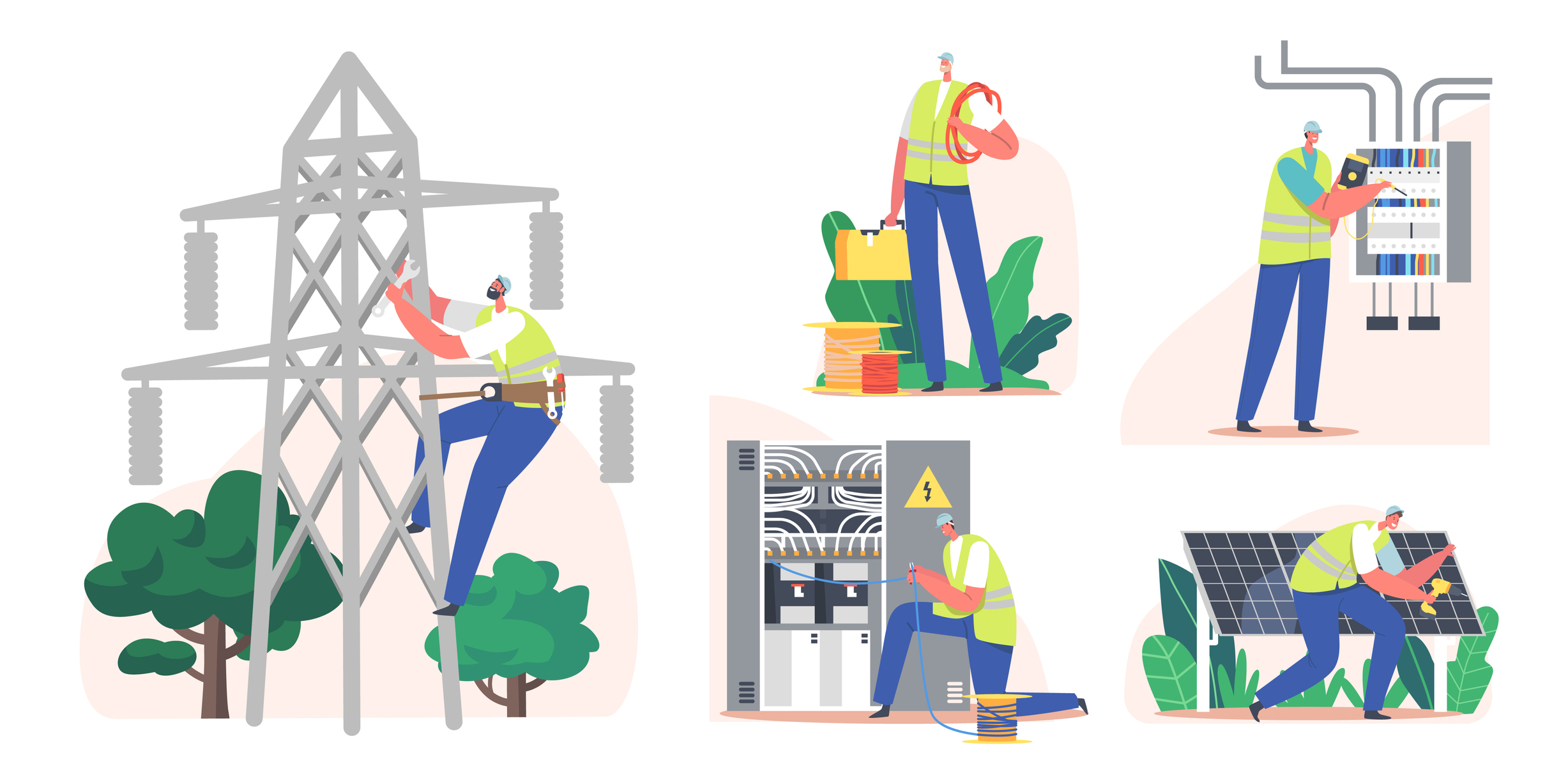 Illustration of an engineer working on different components of a transmission network.