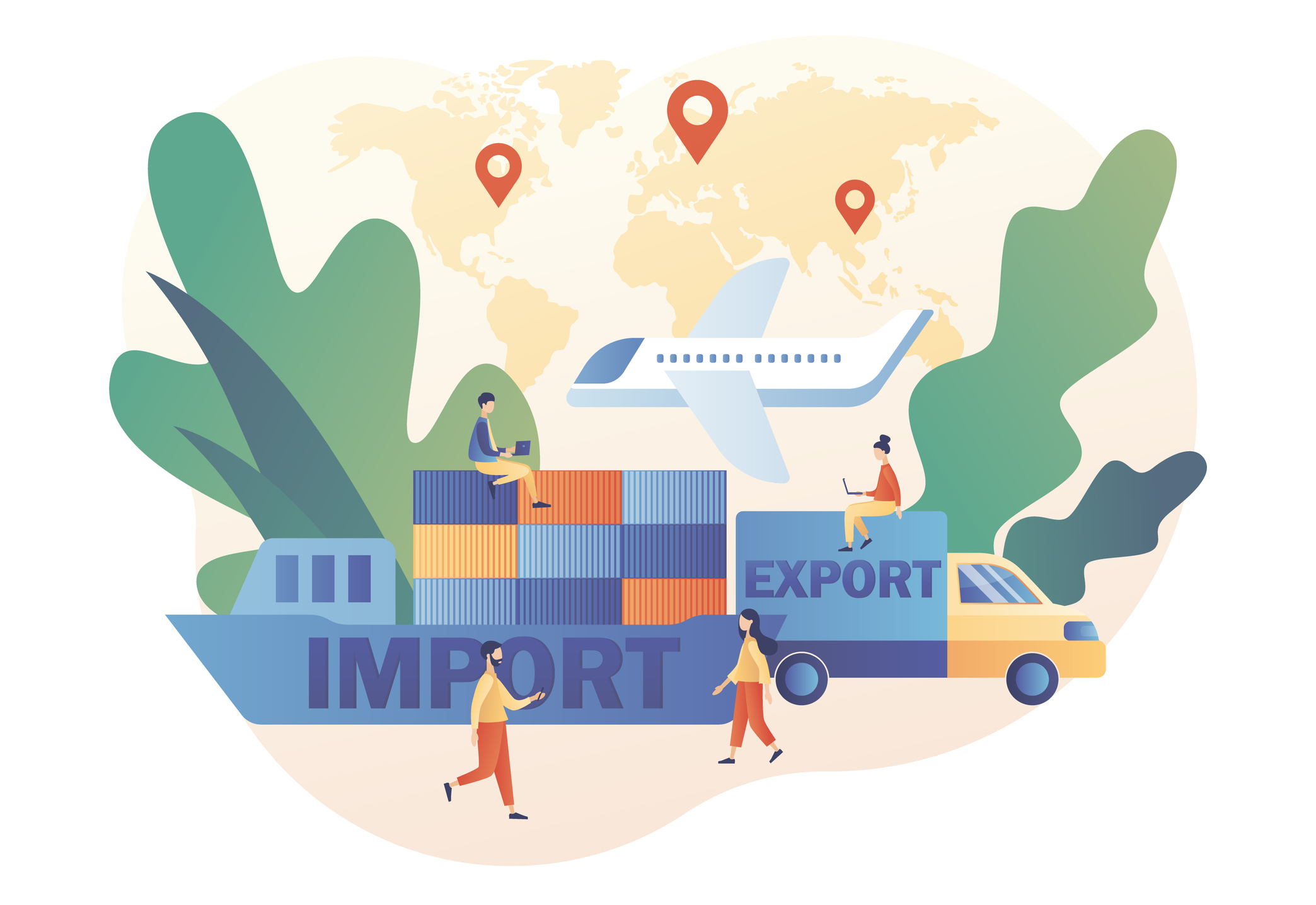 Illustrations of international trade being carried out with green policies.