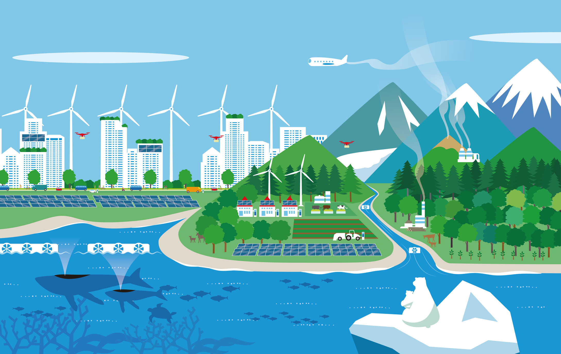 Illustration of a cleaner and healthier ecosystem with various renewable energy sources